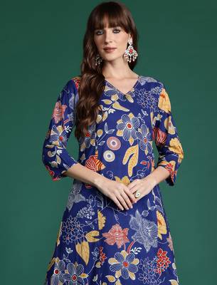 Blue printed cotton kurta trouser set 1