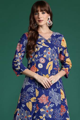 Blue printed cotton kurta trouser set