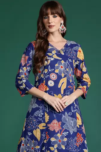 Blue printed cotton kurta trouser set