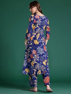 Blue printed cotton kurta trouser set 2