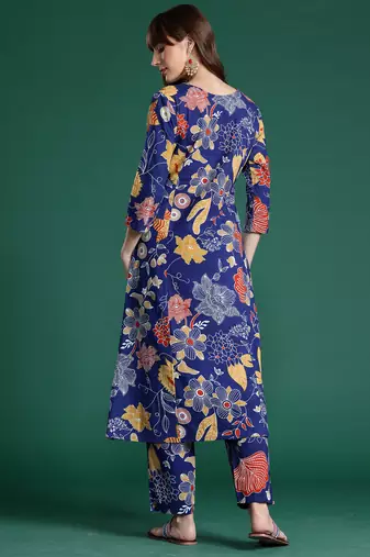 Blue printed cotton kurta trouser set