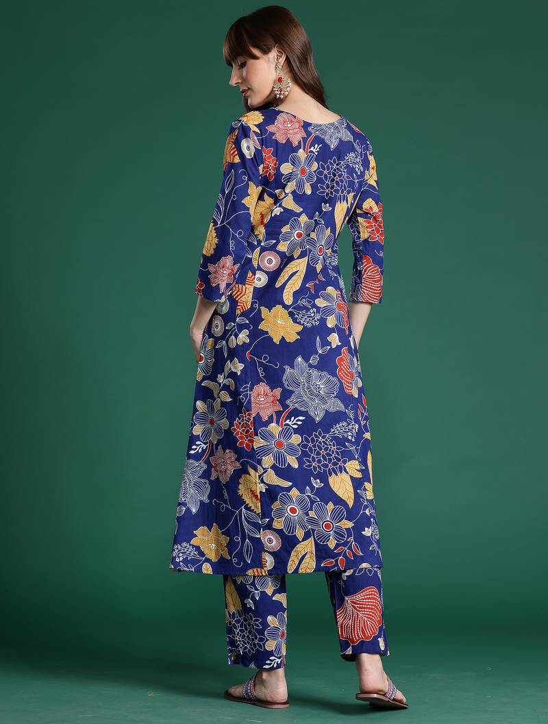 Blue printed cotton kurta trouser set