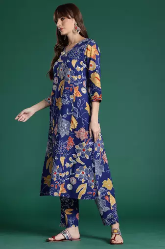 Blue printed cotton kurta trouser set
