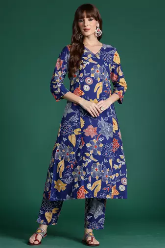 Blue printed cotton kurta trouser set