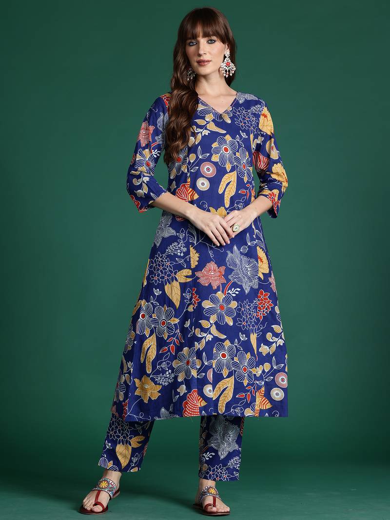 Blue printed cotton kurta trouser set