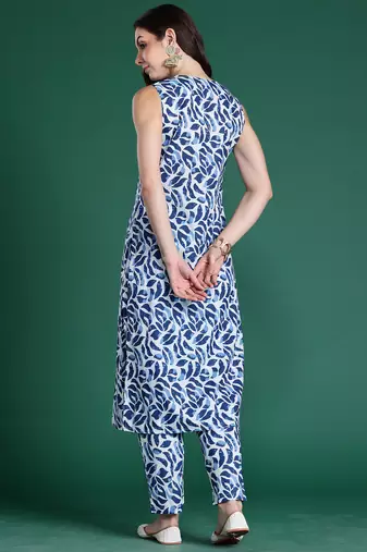 Blue printed cotton kurta trouser set