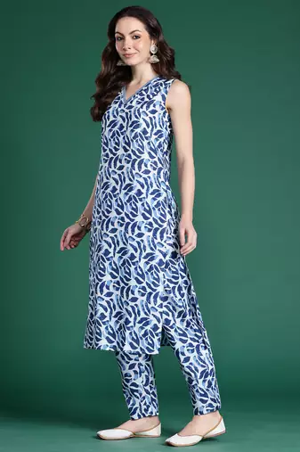 Blue printed cotton kurta trouser set