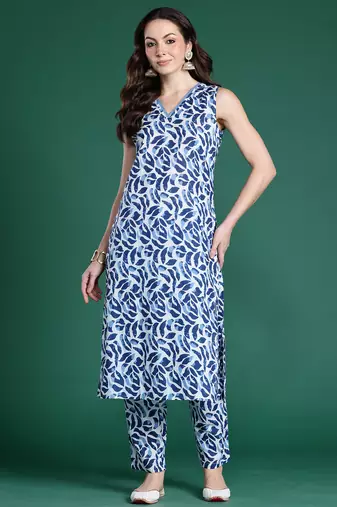 Blue printed cotton kurta trouser set