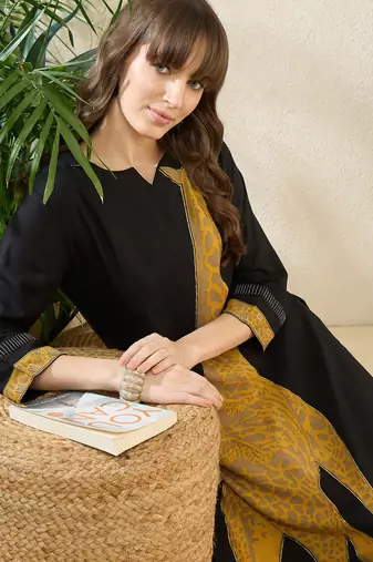 Black printed viscose rayon kurta trouser set