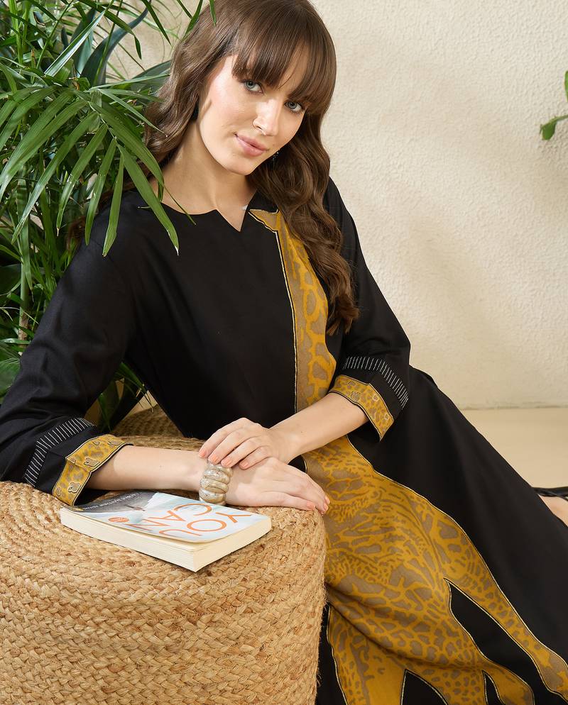 Black printed viscose rayon kurta trouser set