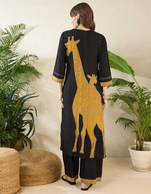 Black printed viscose rayon kurta trouser set 2