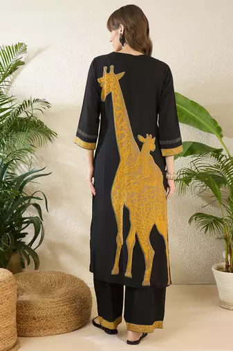 Black printed viscose rayon kurta trouser set