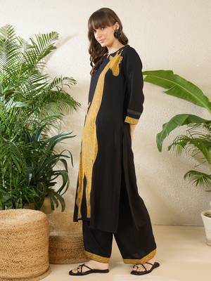 Black printed viscose rayon kurta trouser set 3