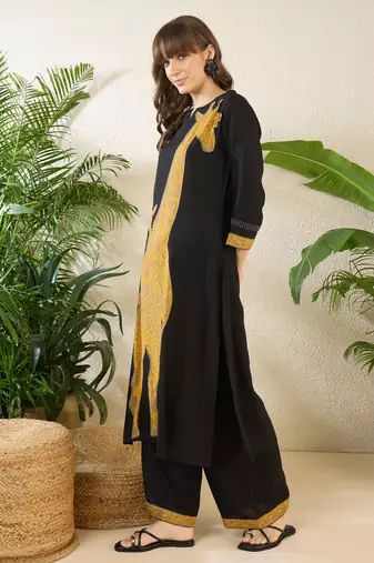 Black printed viscose rayon kurta trouser set