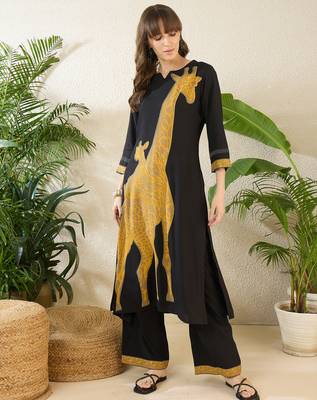 Black printed viscose rayon kurta trouser set 4