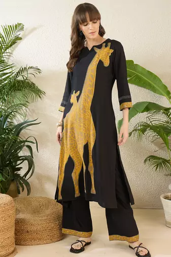 Black printed viscose rayon kurta trouser set