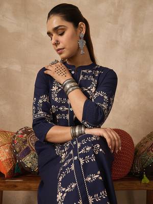 Navy blue printed cotton kurta trouser set 1