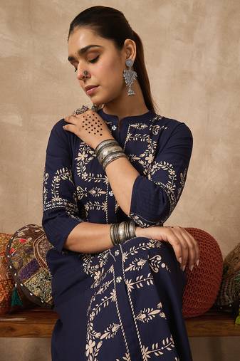 Navy blue printed cotton kurta trouser set