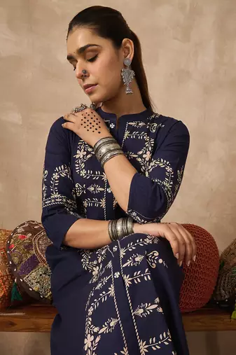 Navy blue printed cotton kurta trouser set