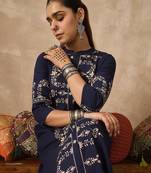 Navy blue printed cotton kurta trouser set