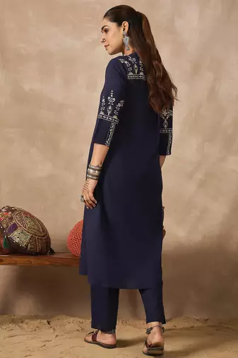 Navy blue printed cotton kurta trouser set
