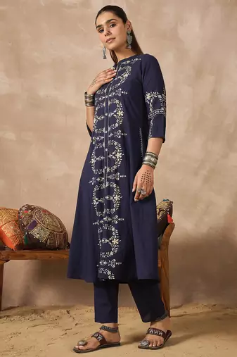 Navy blue printed cotton kurta trouser set