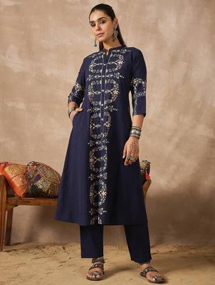 Navy blue printed cotton kurta trouser set 4
