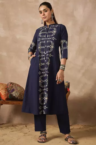 Navy blue printed cotton kurta trouser set