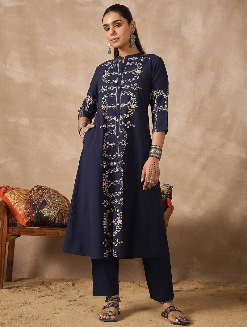 Navy blue printed cotton kurta trouser set