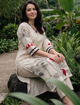 White printed cotton kurta trouser set 1