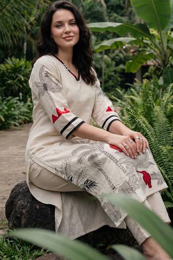 White printed cotton kurta trouser set