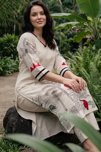 White printed cotton kurta trouser set