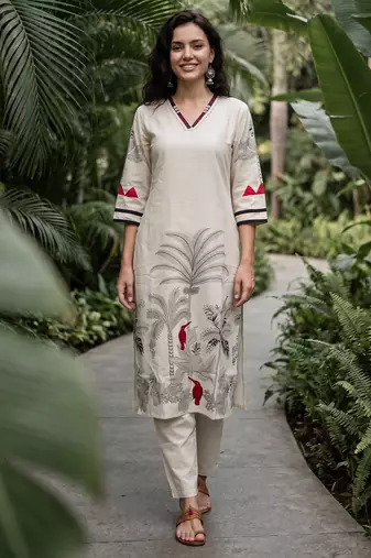 White printed cotton kurta trouser set