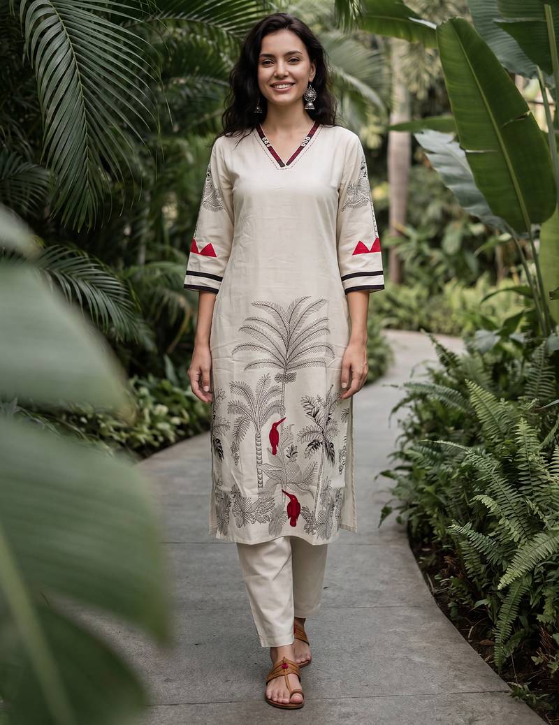 White printed cotton kurta trouser set