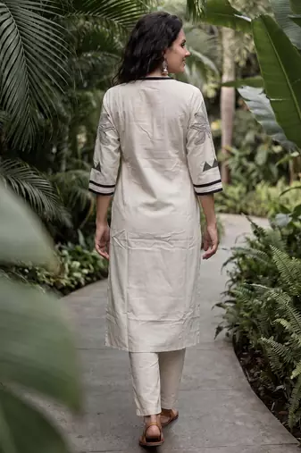 White printed cotton kurta trouser set