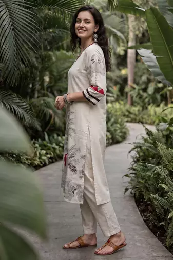White printed cotton kurta trouser set