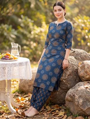 Navy blue printed cotton kurta trouser set 1