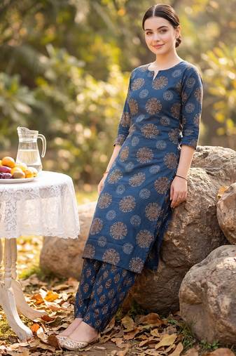 Navy blue printed cotton kurta trouser set