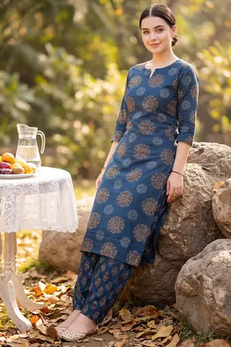 Navy blue printed cotton kurta trouser set