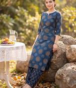 Navy blue printed cotton kurta trouser set