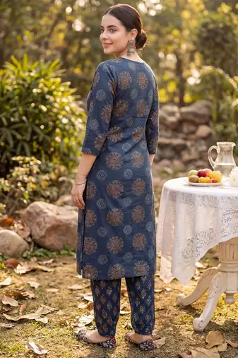 Navy blue printed cotton kurta trouser set