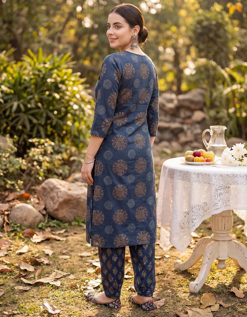 Navy blue printed cotton kurta trouser set