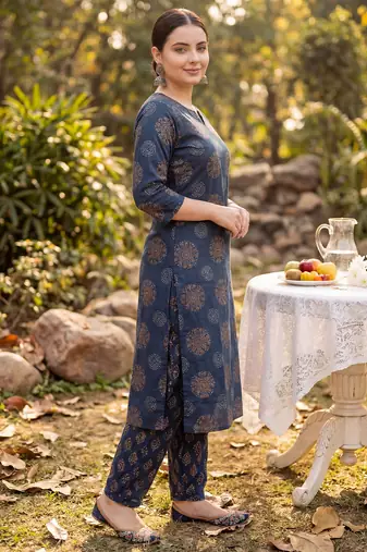 Navy blue printed cotton kurta trouser set