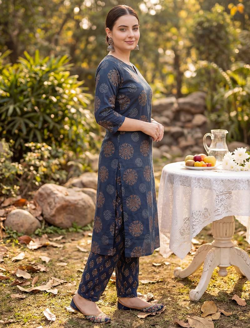 Navy blue printed cotton kurta trouser set