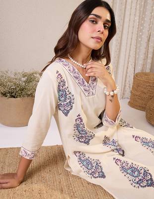 White printed cotton kurta trouser set 1