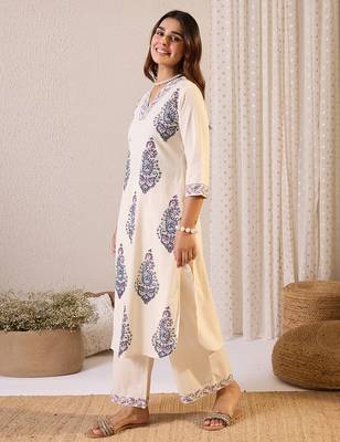 White printed cotton kurta trouser set 3