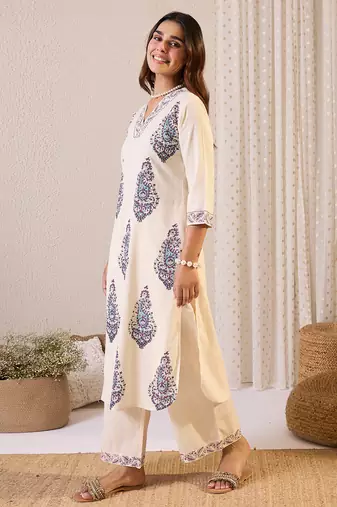 White printed cotton kurta trouser set