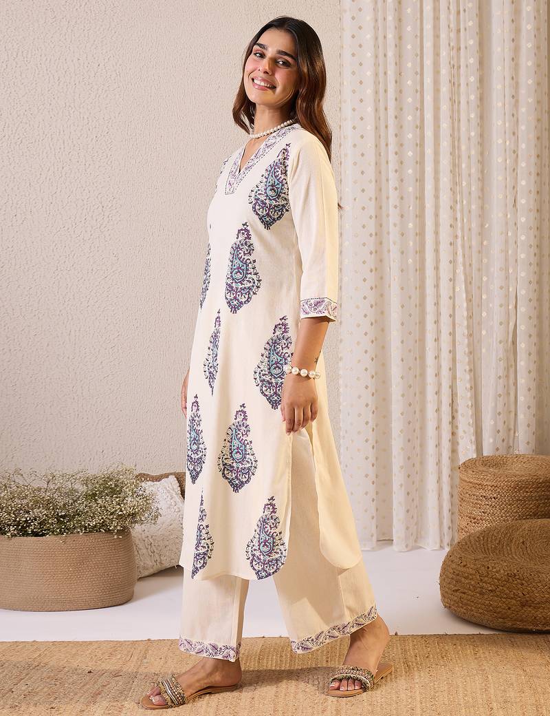 White printed cotton kurta trouser set