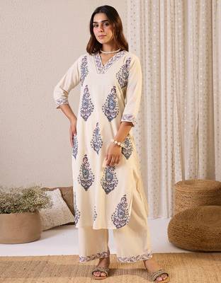White printed cotton kurta trouser set 4