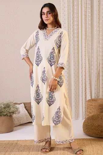White printed cotton kurta trouser set